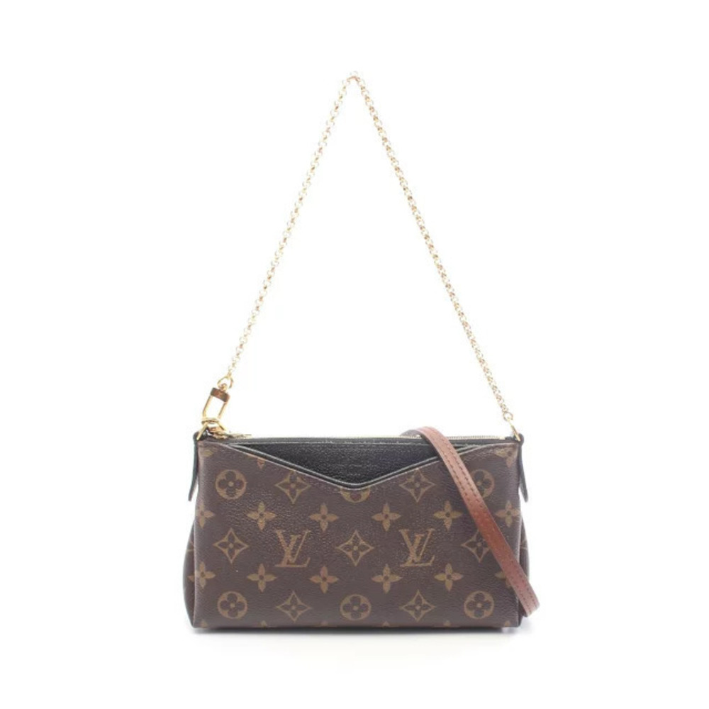 Louis Vuitton Pallas Clutch Monogram Canvas Leather Black Brown